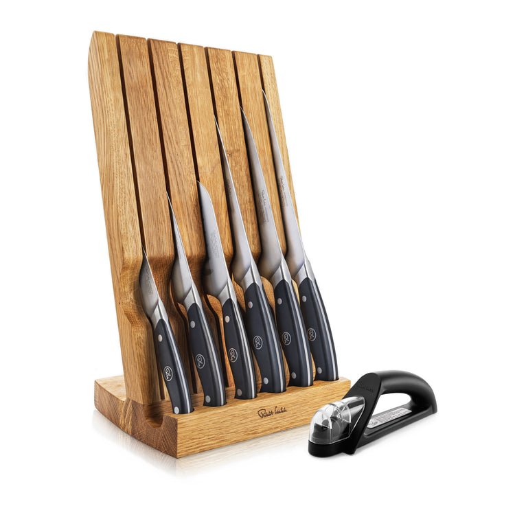 Professional Angle Oak Knife Block Set with Knife Sharpener