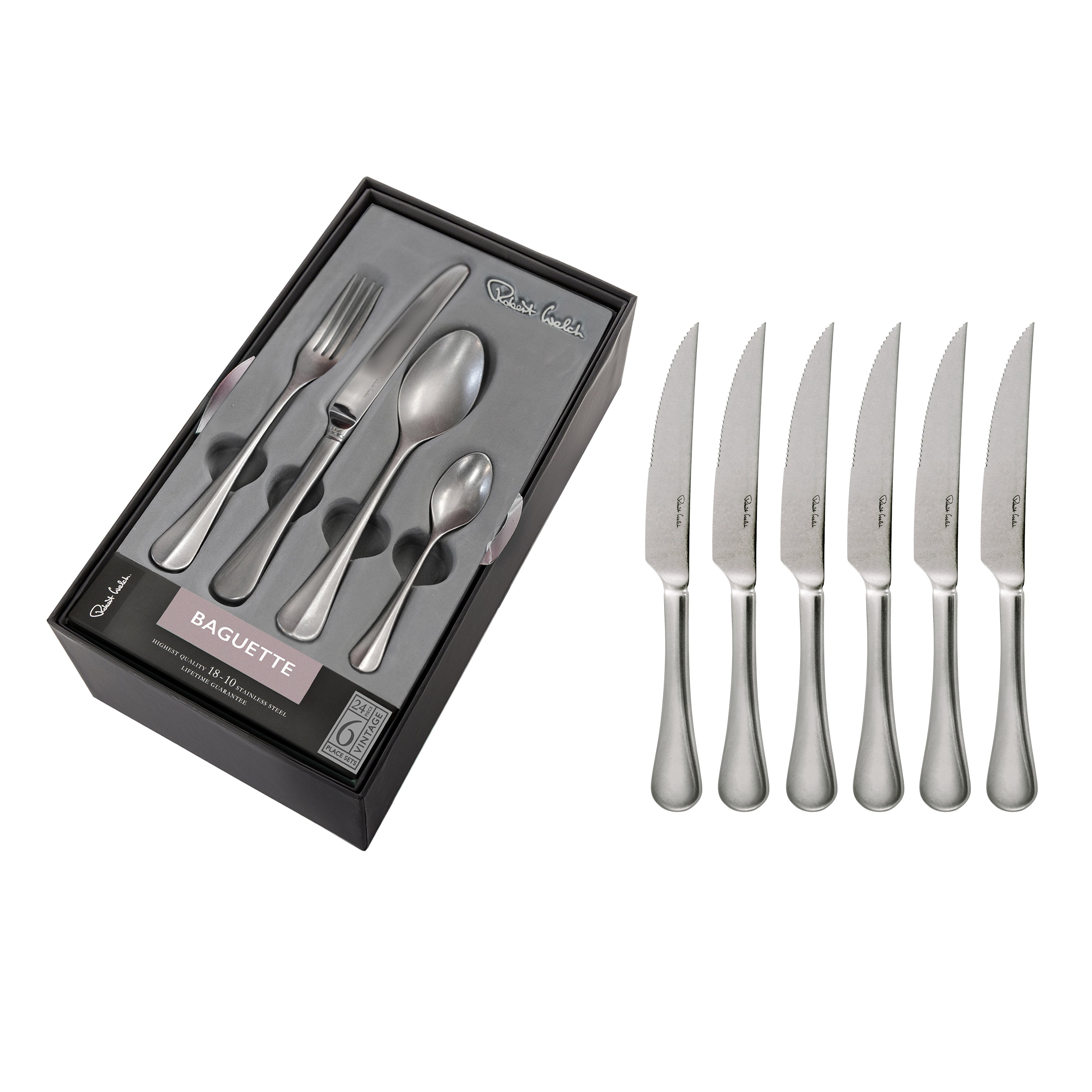 Baguette Vintage Cutlery Set 24 Piece Set for 6 People 6 Free Steak Knives