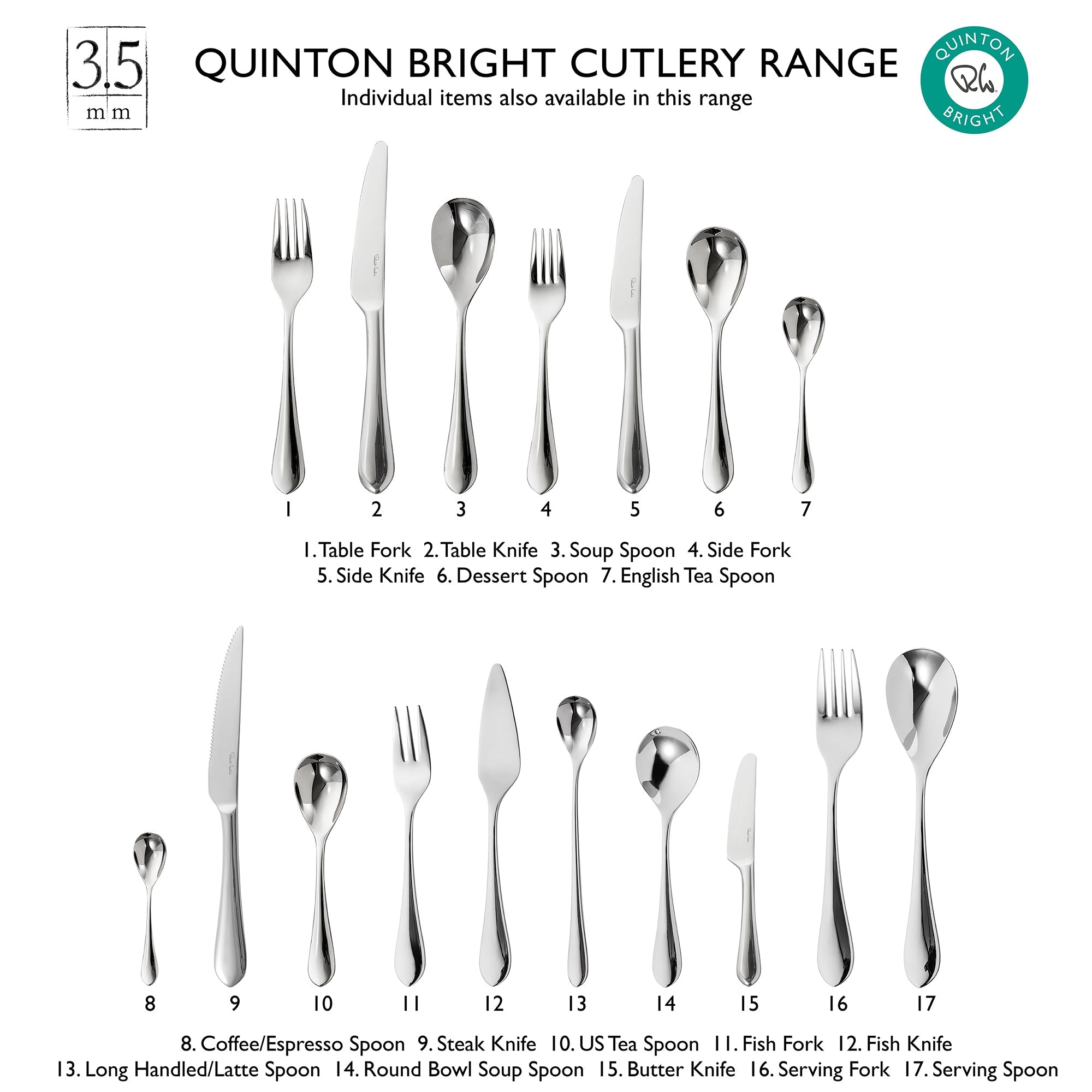 Quinton Bright Cutlery Set | 30 Piece Set for 6 People | 6 Free