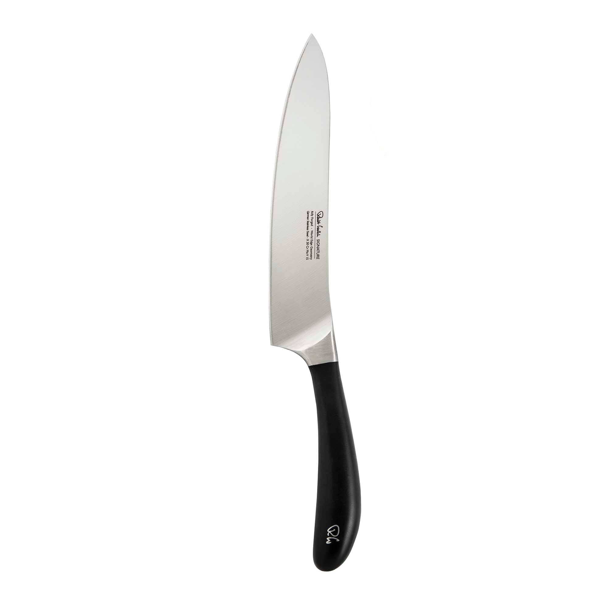 A forged stainless steel cook’s knife with a full tang and a black handle.