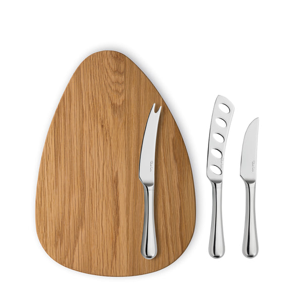 Radford Bright Cheese Knife Set, 3 Piece with Oak Pebble Chopping Board 32cm