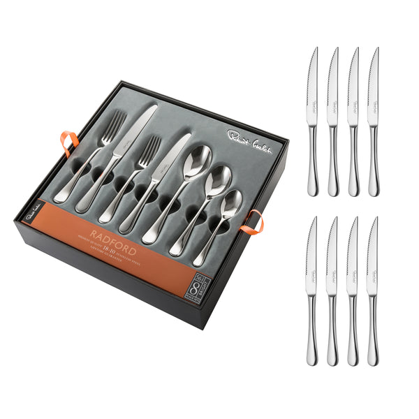 Radford Bright Cutlery Set, 64 Piece for 8 People - 8 Free Steak Knives