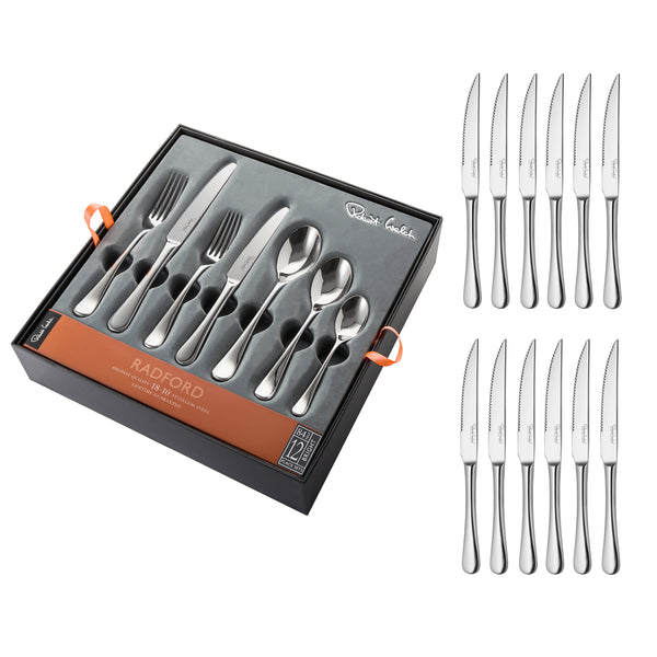 Radford Bright Cutlery Set, 96 Piece for 12 People - 12 Free Steak Knives