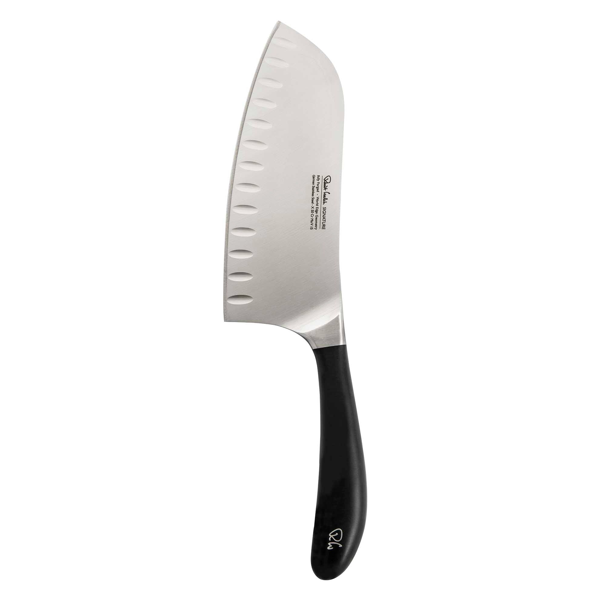 A forged stainless steel santoku knife with a deep blade and a black handle.